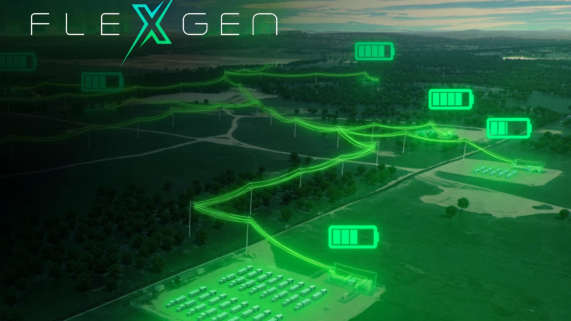 Rendering of energy moving from battery storage to power lines
