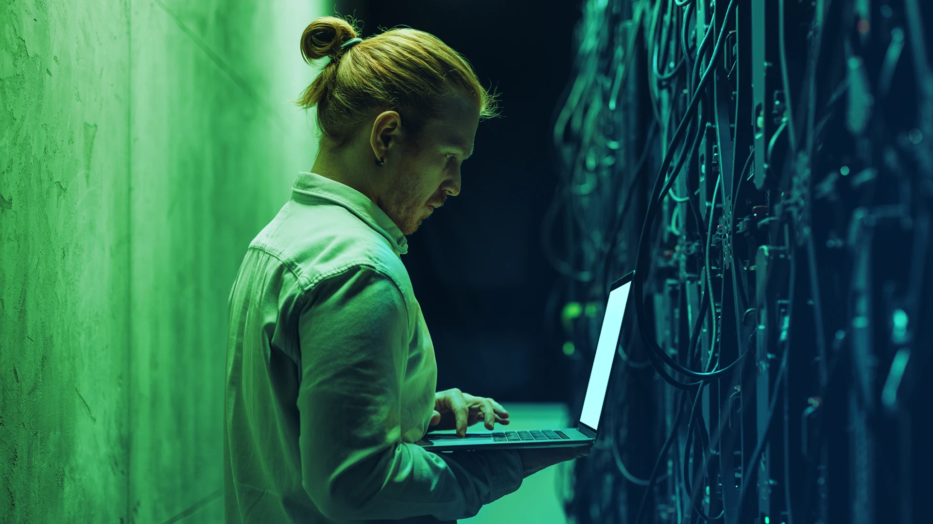 Person standing in front of servers with laptop
