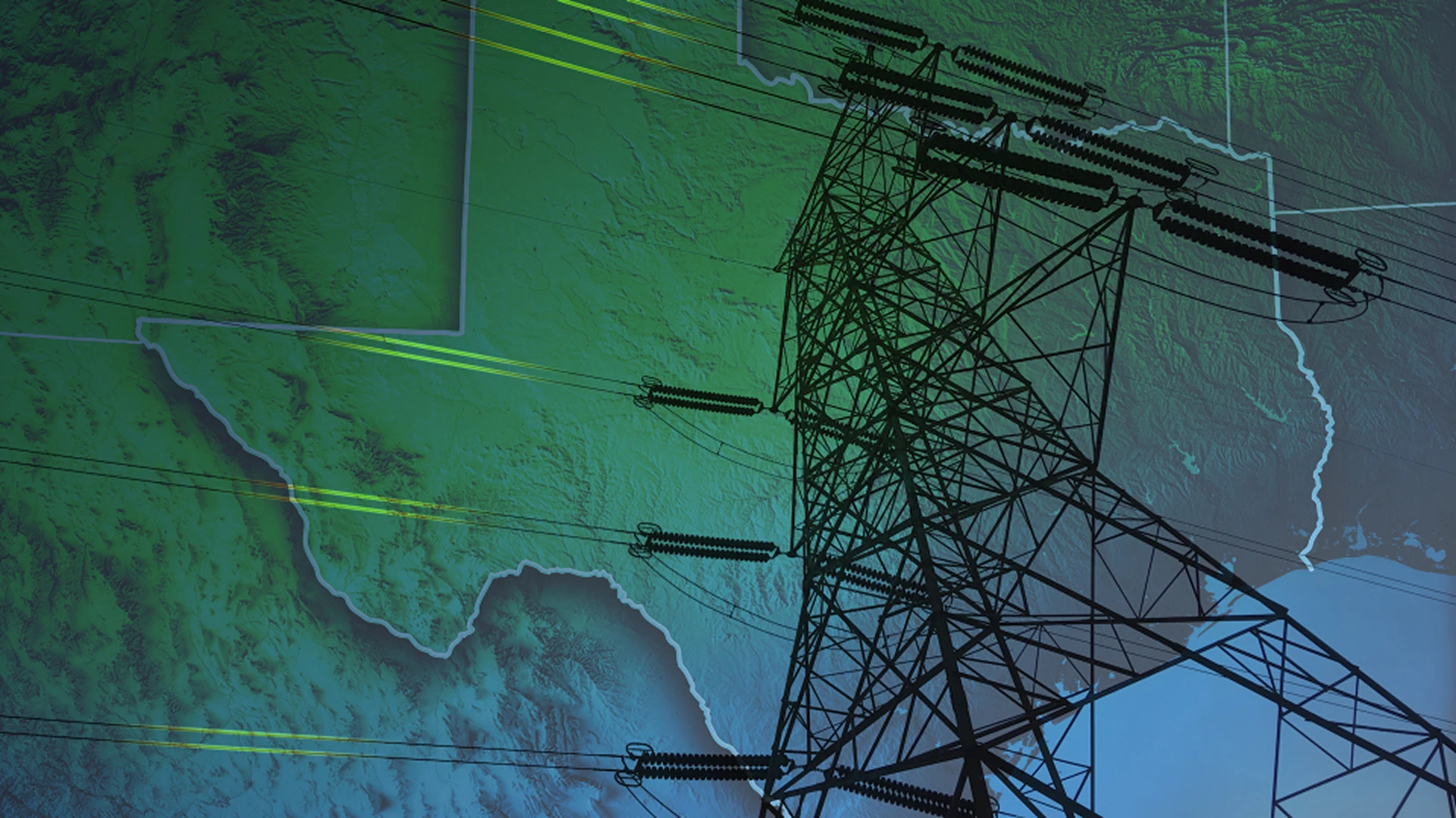 Power lines in front of Texas map