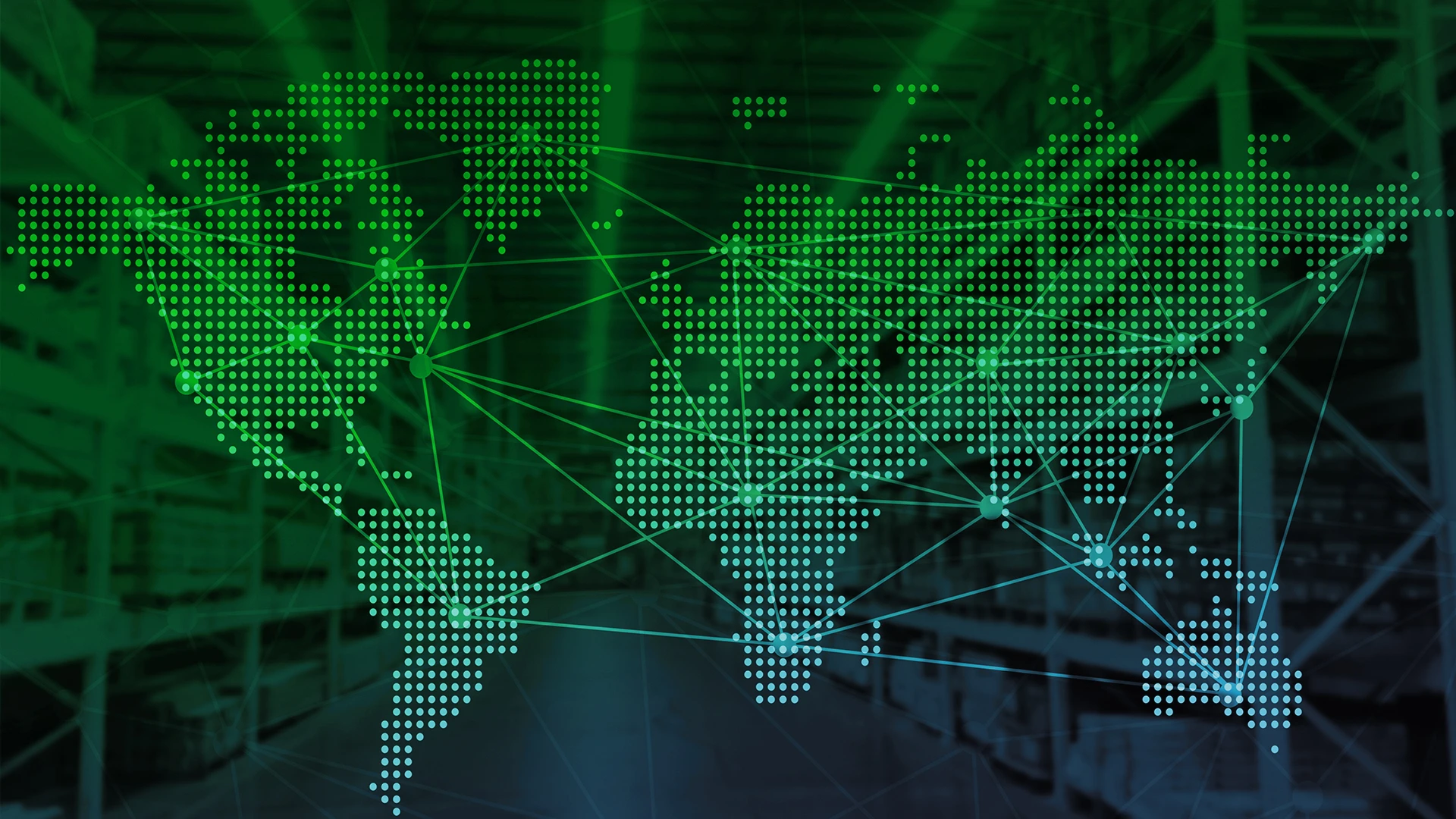 Dot map of globe over image of warehouse