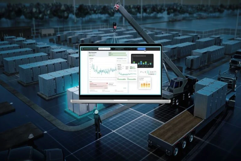 Collage of laptop of HybridOS software with battery energy storage site