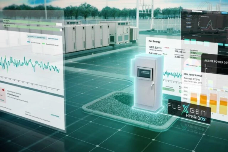 Conceptual rendering of battery energy storage software controlling hardware on site