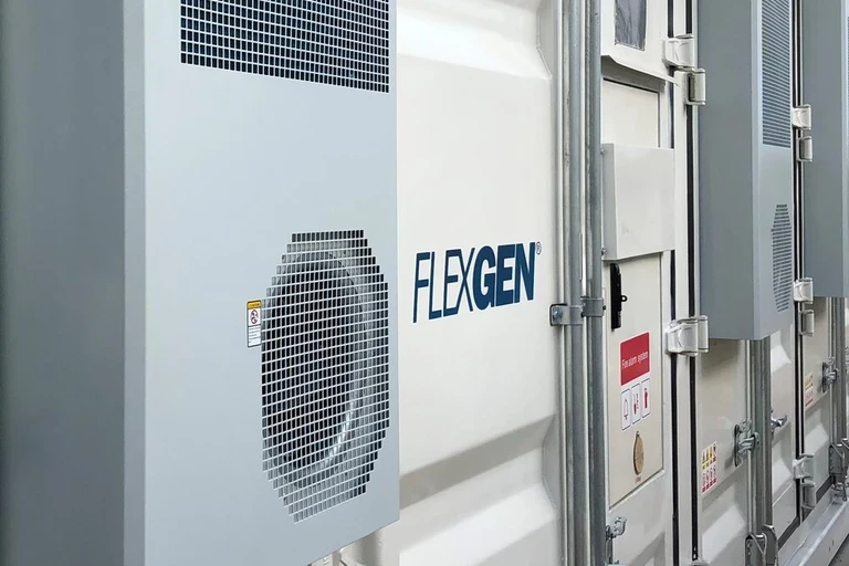 FlexGen logo on outside of battery energy storage unit