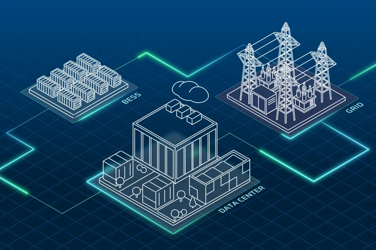 Diagram showing interconnection between the grid, utility-scale batteries, and data centers
