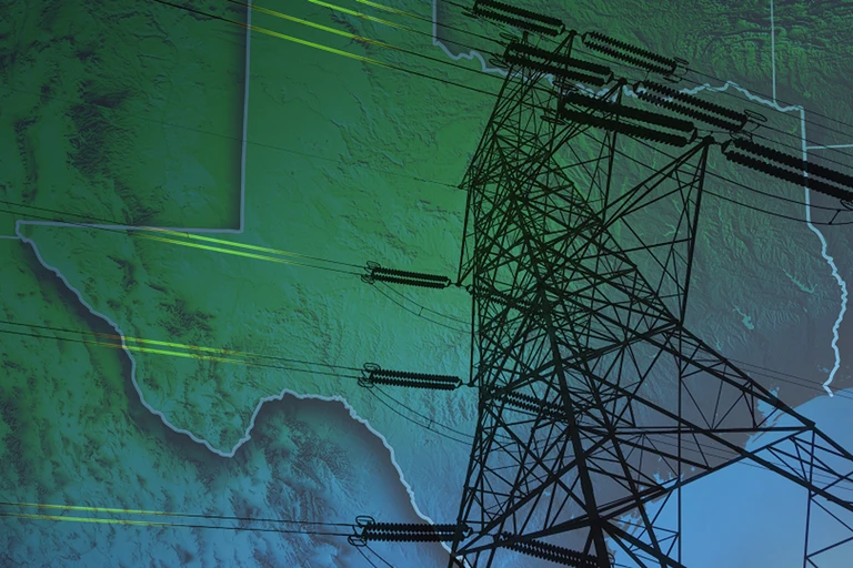 Power lines in front of Texas map
