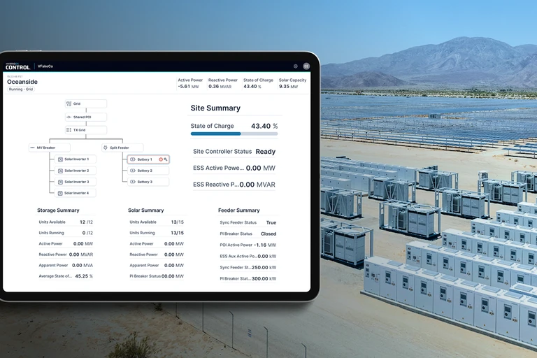 Ipad screen with data over an image of a solar + storage site