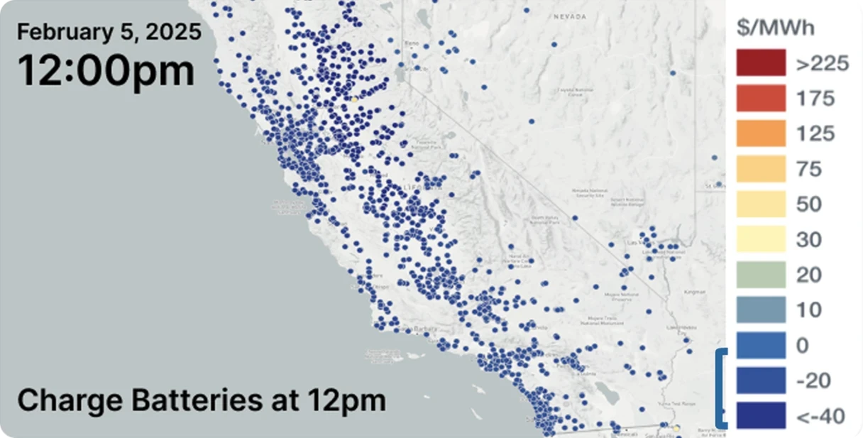map showing energy costs in CAISO at 12pm