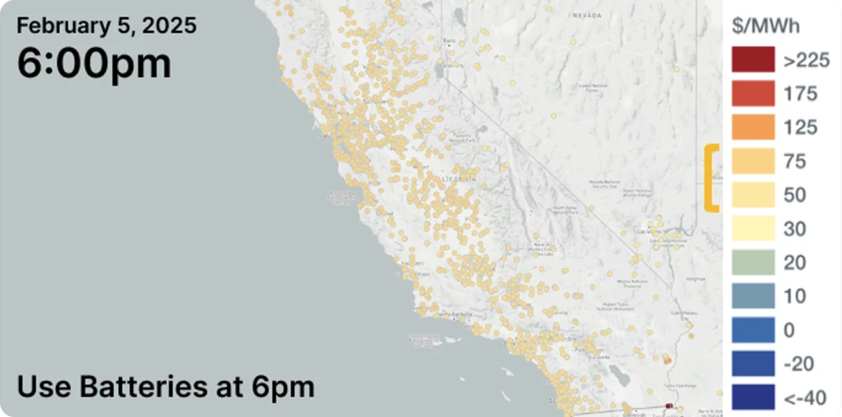 map showing energy costs in CAISO at 6pm